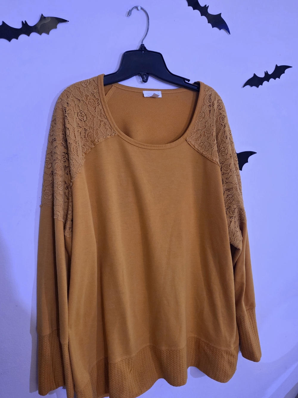 Orange Kiss Women's Mustard Yellow Sweater with Lace Detailing. Plus size 3XL
